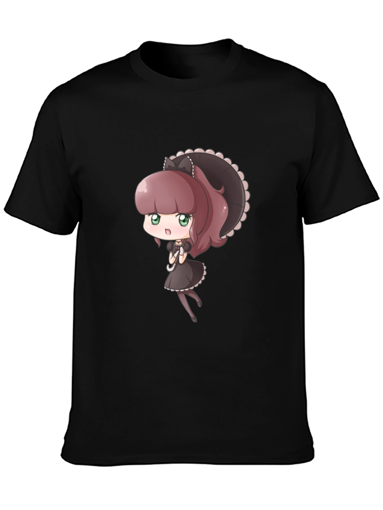 Cute Anime Maid Graphic Black T-Shirt