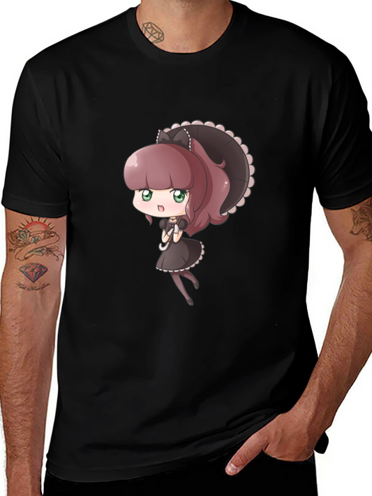 Cute Anime Maid Graphic Black T-Shirt