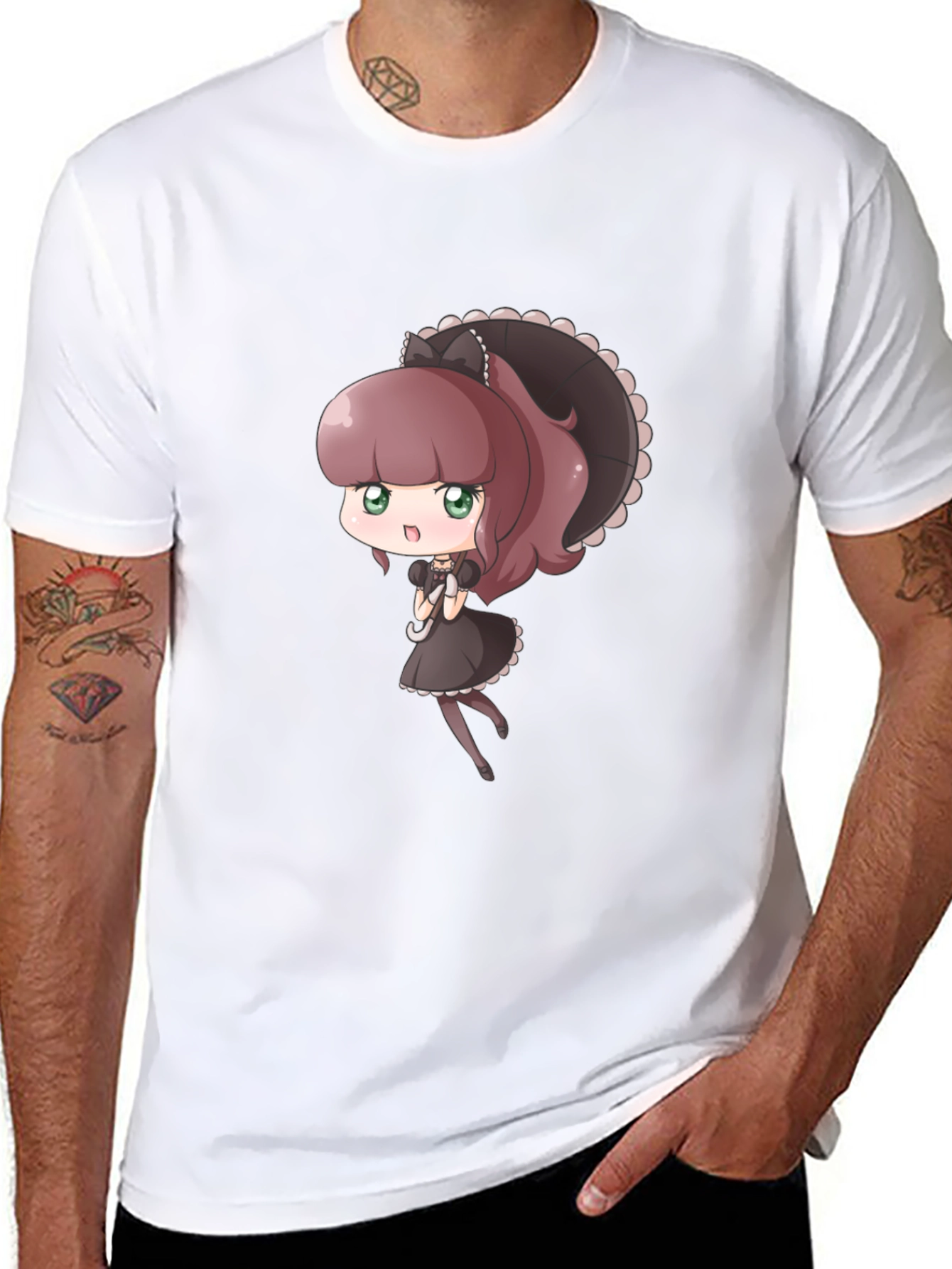 Cute Anime Maid Graphic Black T-Shirt