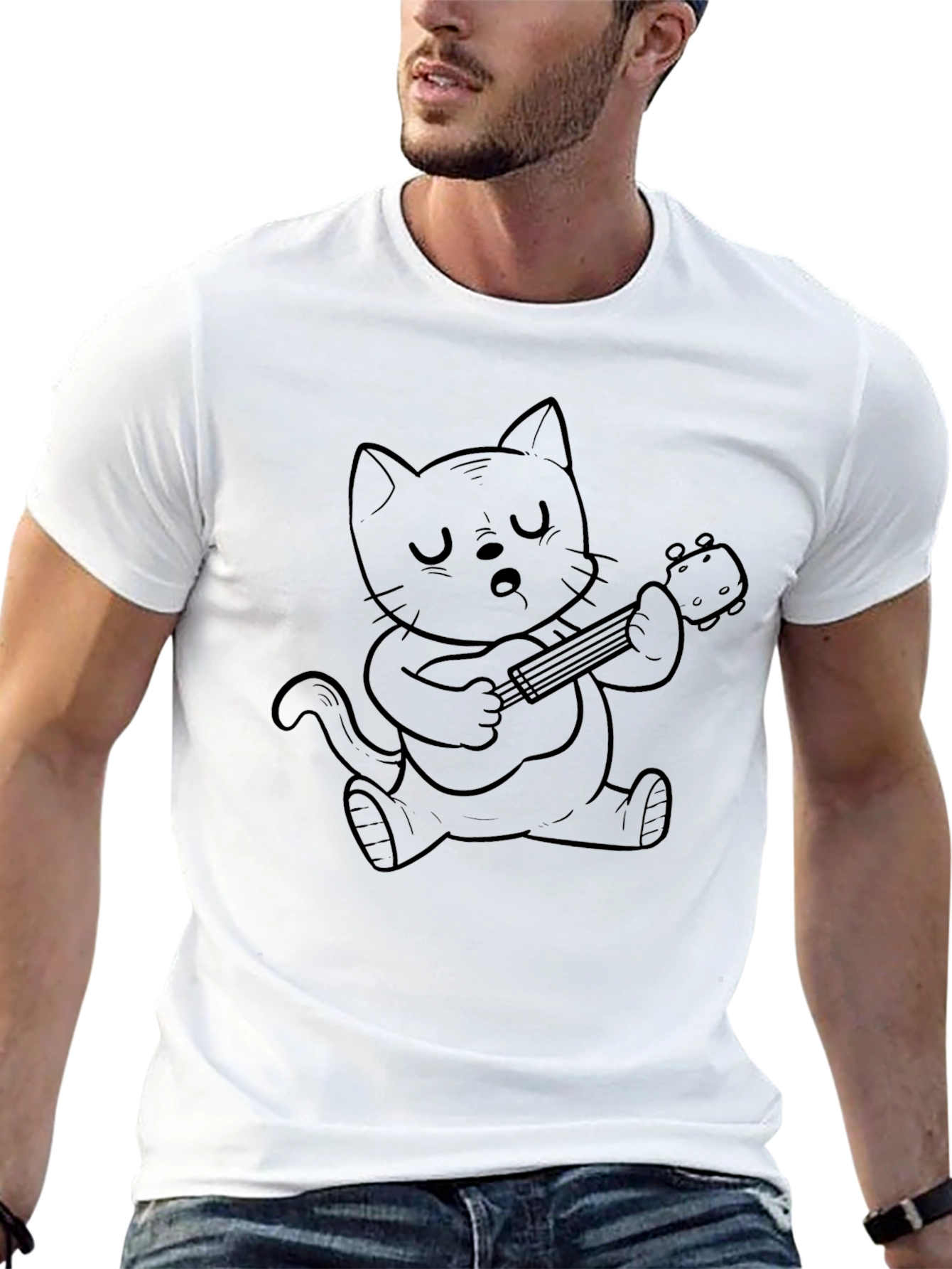 Cat Playing Ukulele Graphic T-Shirt