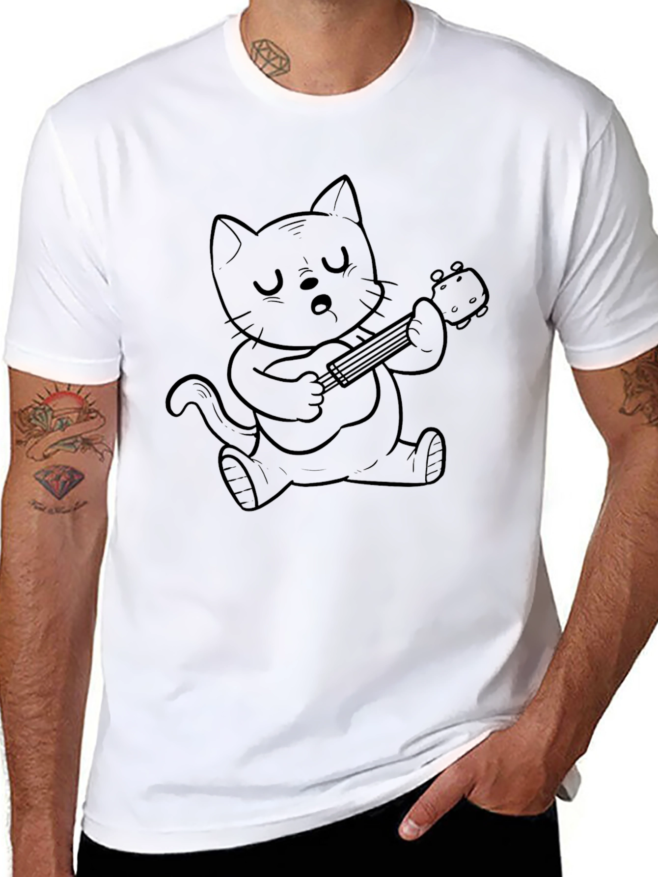 Cat Playing Ukulele Graphic T-Shirt