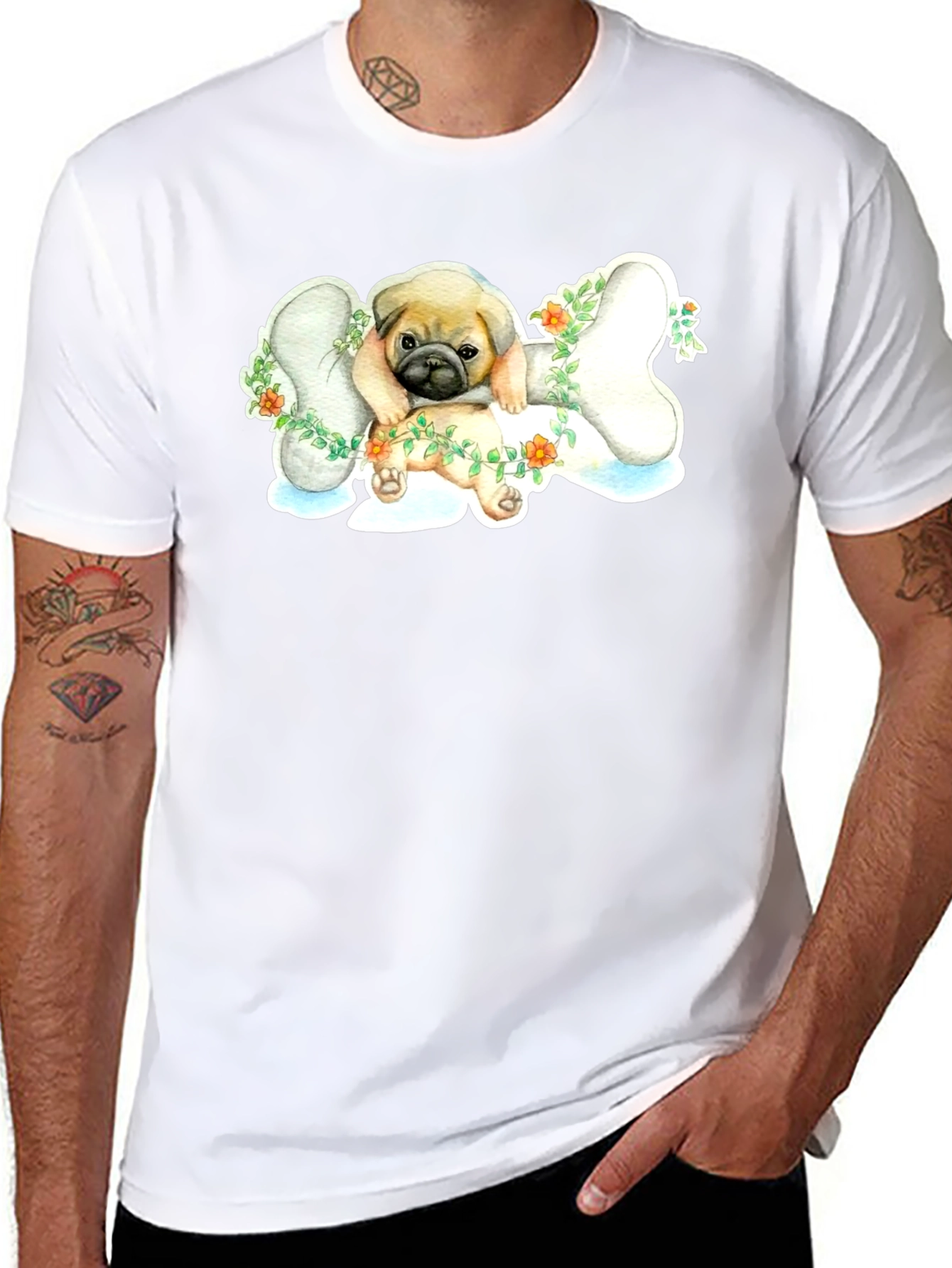 Pug on Bone T-Shirt - Cute Dog Lover Tee