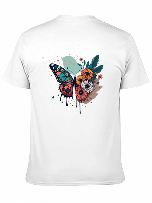 Butterfly & Floral Print Black T-Shirt