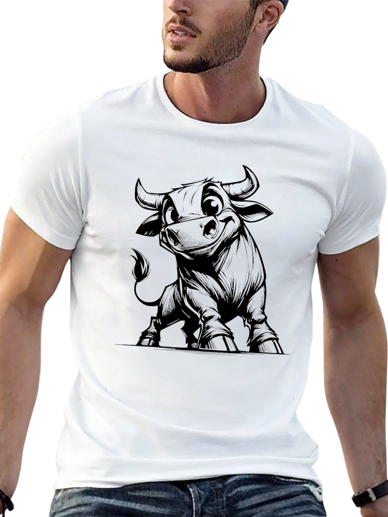 Cartoon Bull Graphic Tee - Black Cotton Blend