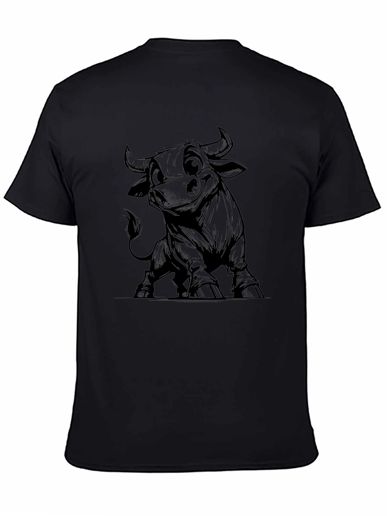 Cartoon Bull Graphic Tee - Black Cotton Blend