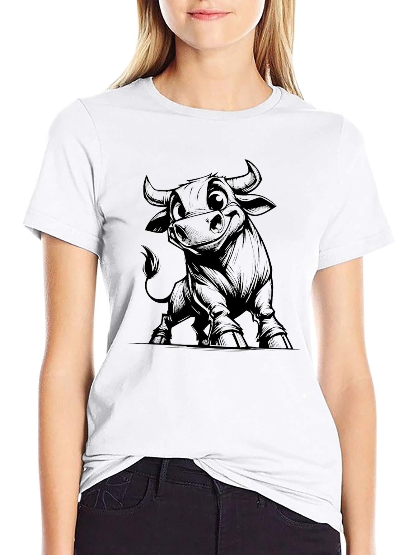 Cartoon Bull Graphic Tee - Black Cotton Blend