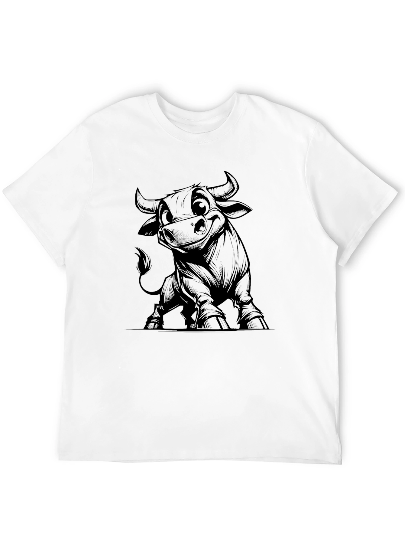 Cartoon Bull Graphic Tee - Black Cotton Blend