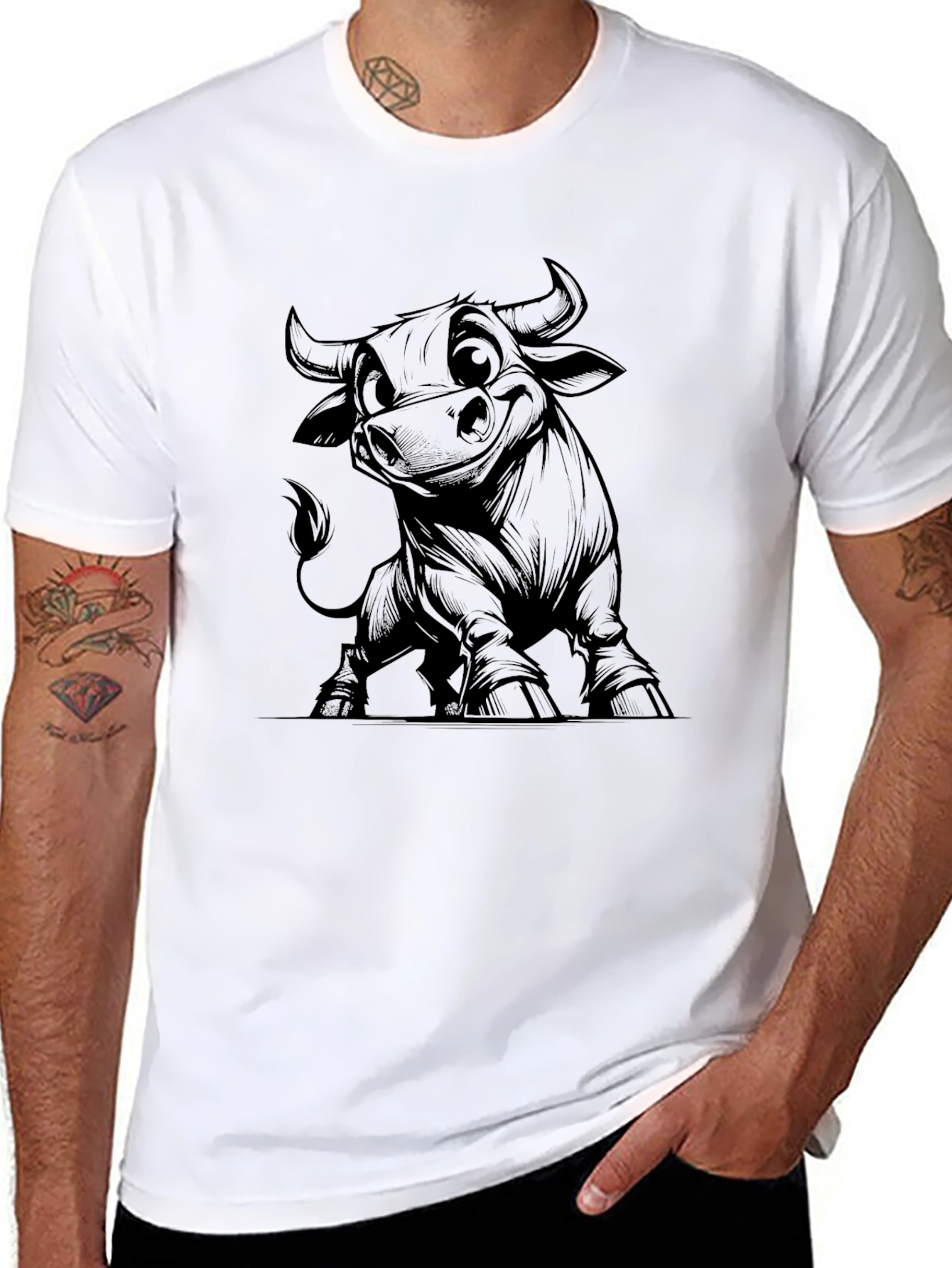 Cartoon Bull Graphic Tee - Black Cotton Blend