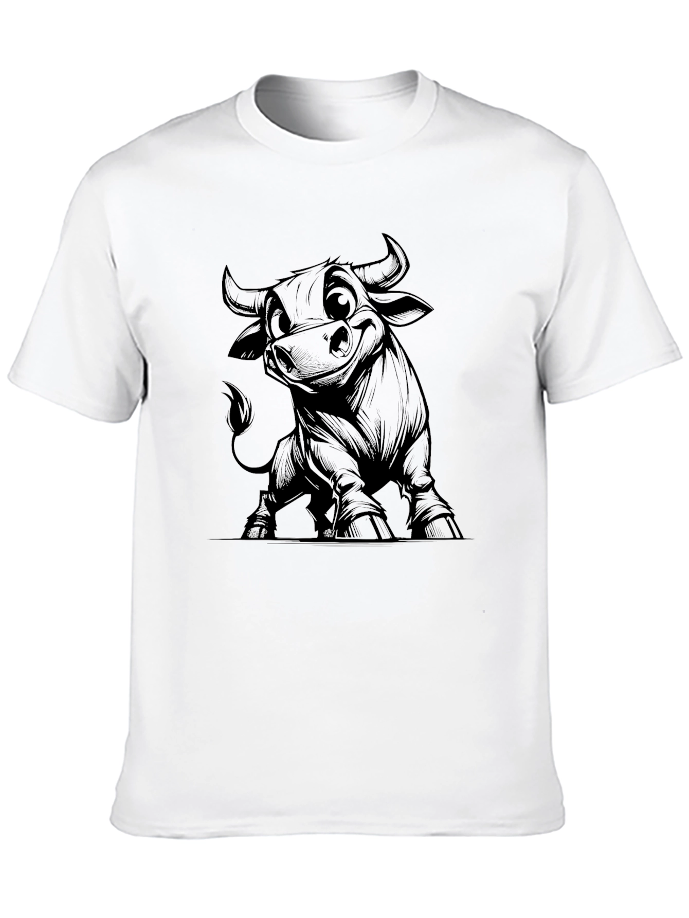 Cartoon Bull Graphic Tee - Black Cotton Blend