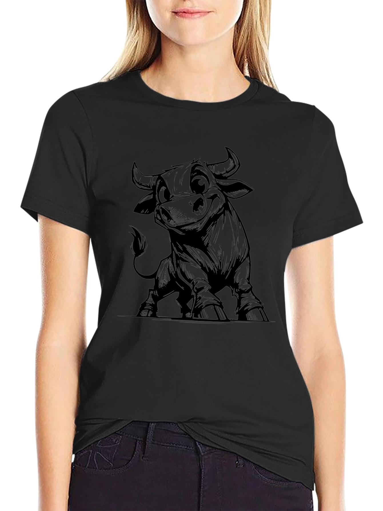 Cartoon Bull Graphic Tee - Black Cotton Blend