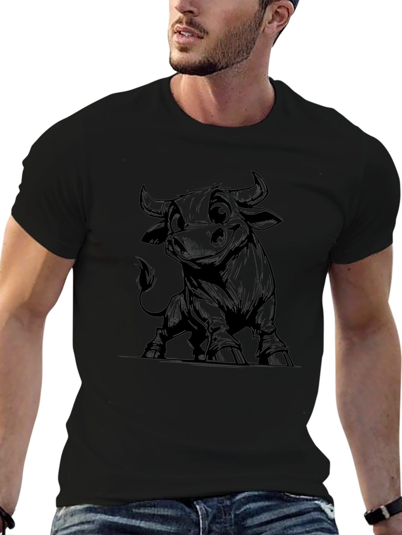 Cartoon Bull Graphic Tee - Black Cotton Blend