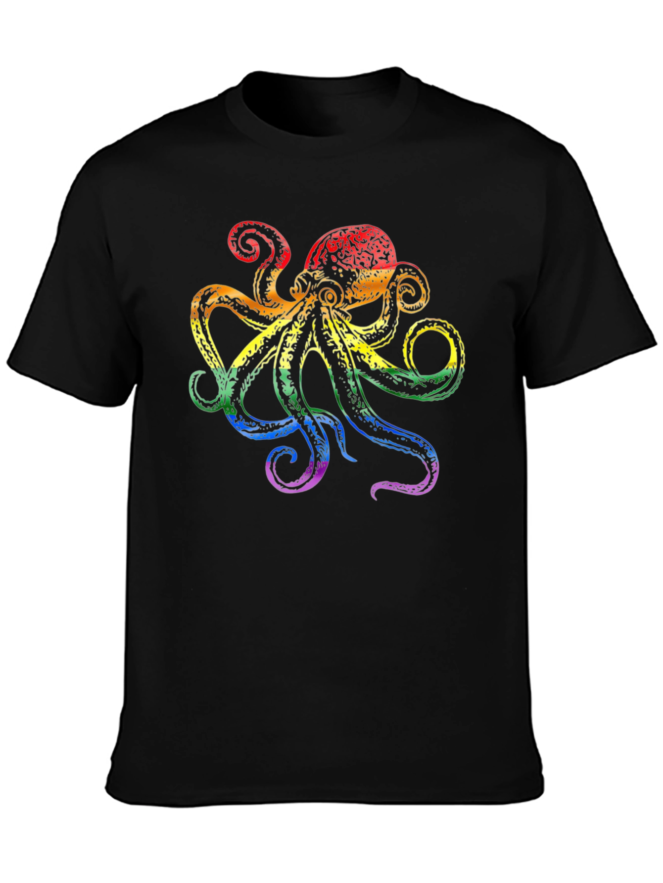 Rainbow Octopus Graphic Tee - Black Cotton T-Shirt