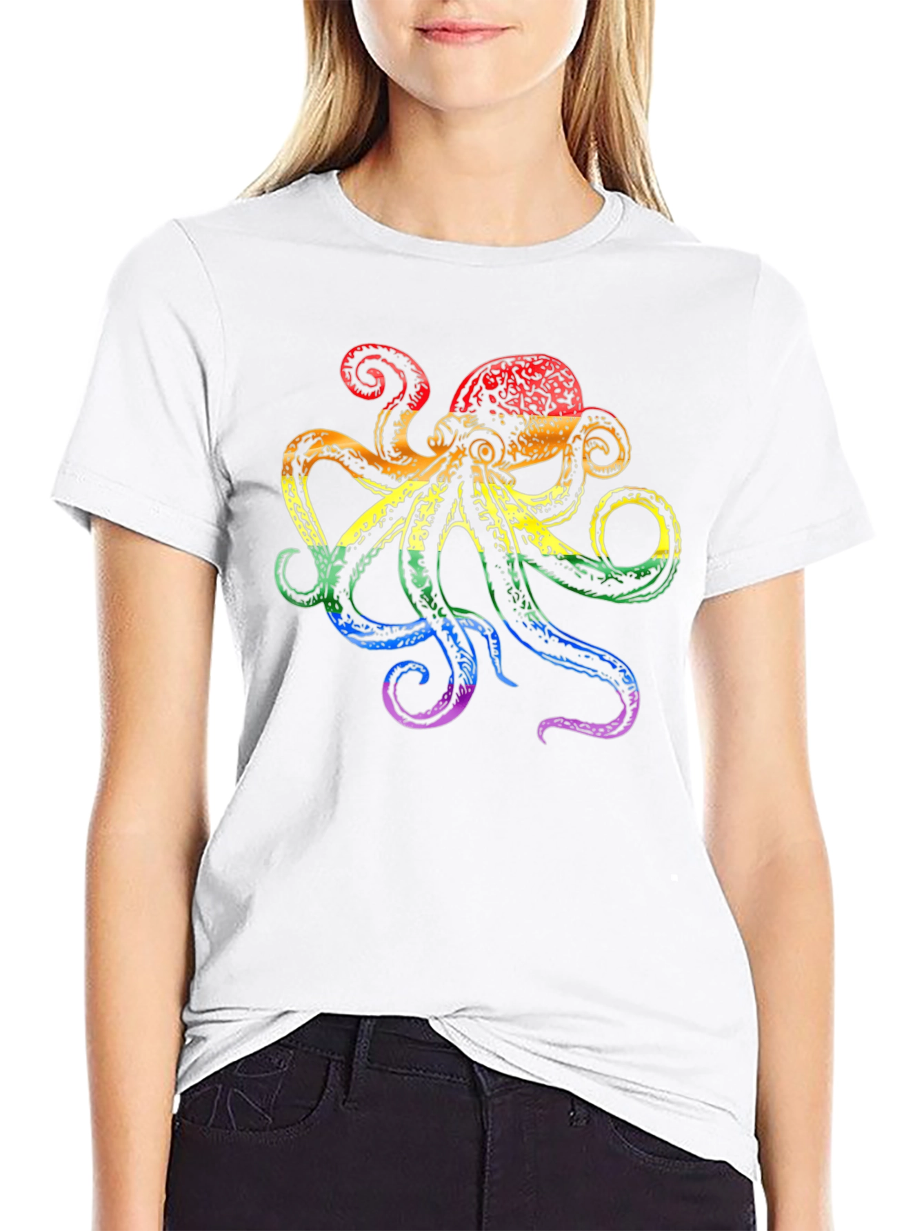 Rainbow Octopus Graphic Tee - Black Cotton T-Shirt