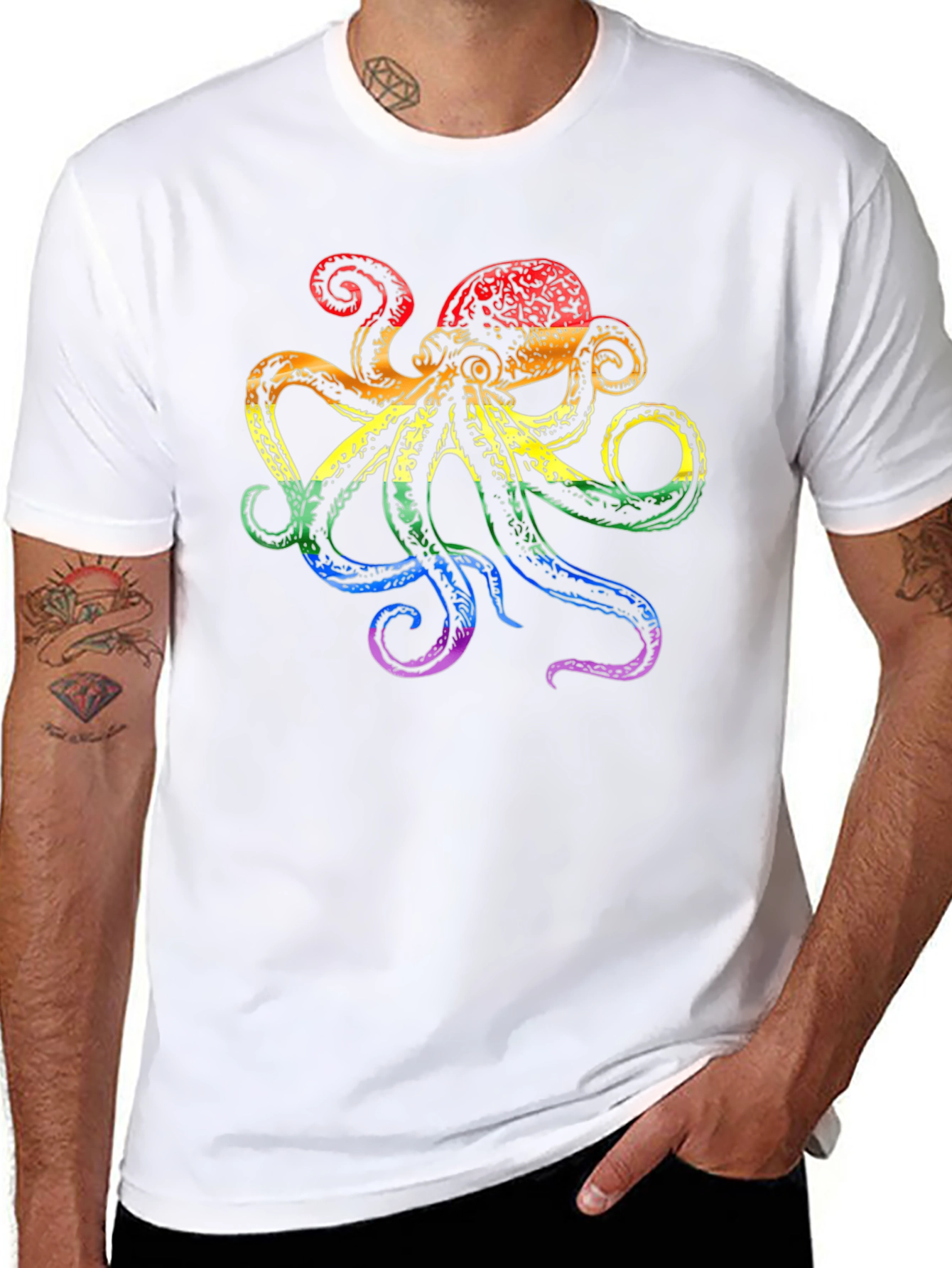 Rainbow Octopus Graphic Tee - Black Cotton T-Shirt