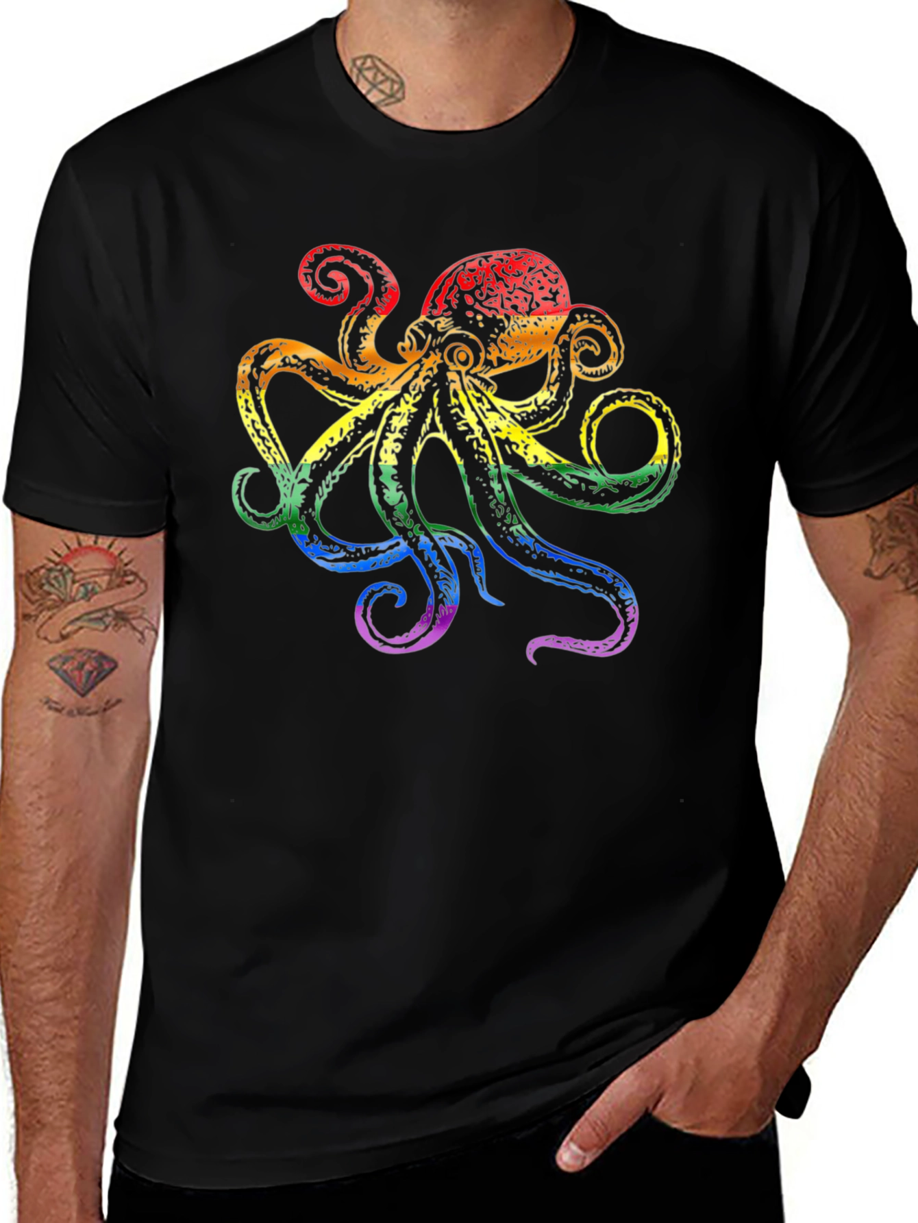 Rainbow Octopus Graphic Tee - Black Cotton T-Shirt