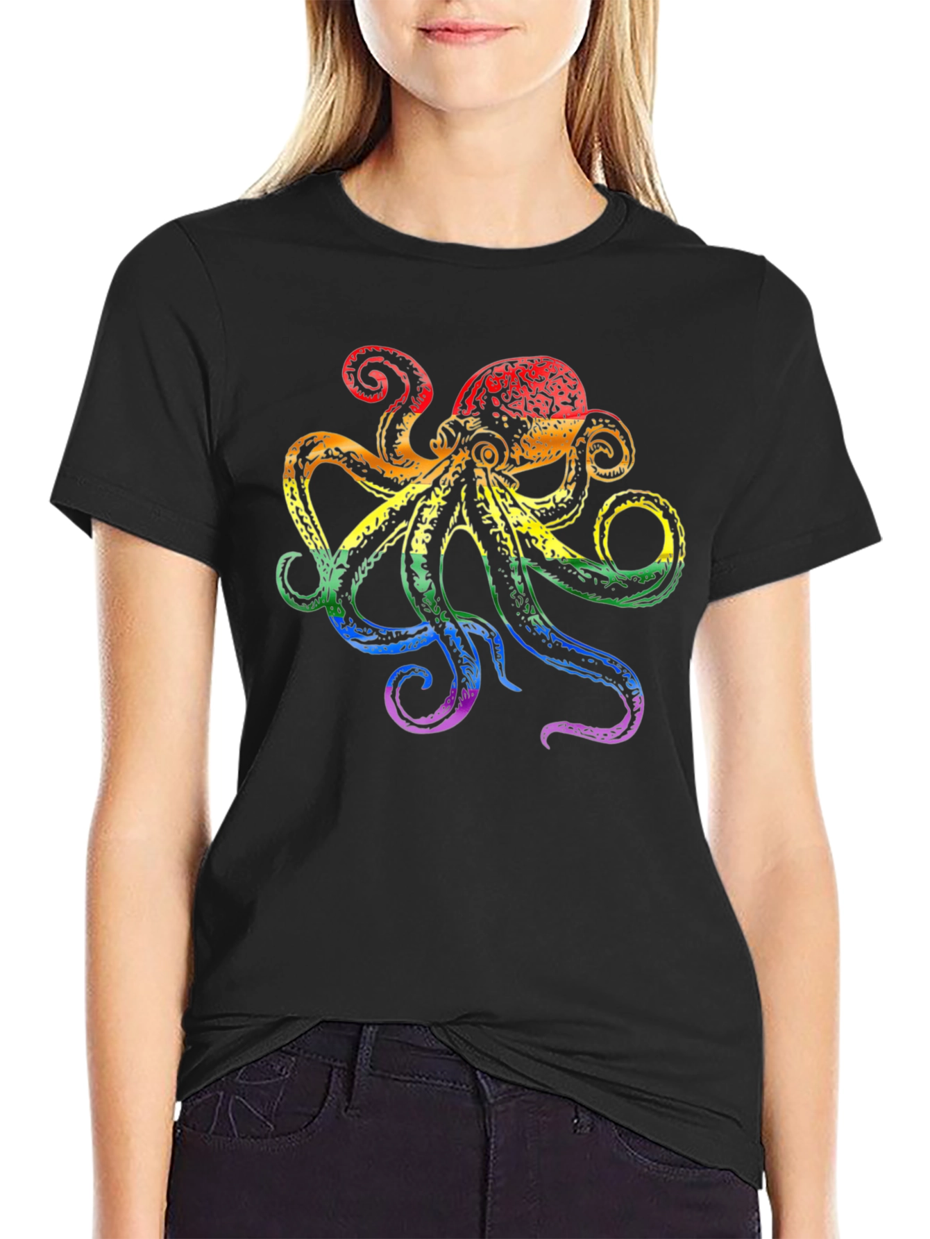 Rainbow Octopus Graphic Tee - Black Cotton T-Shirt