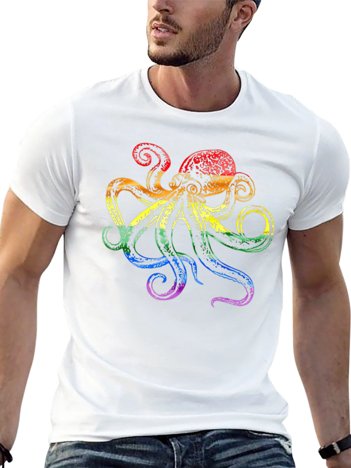 Rainbow Octopus Graphic Tee - Black Cotton T-Shirt