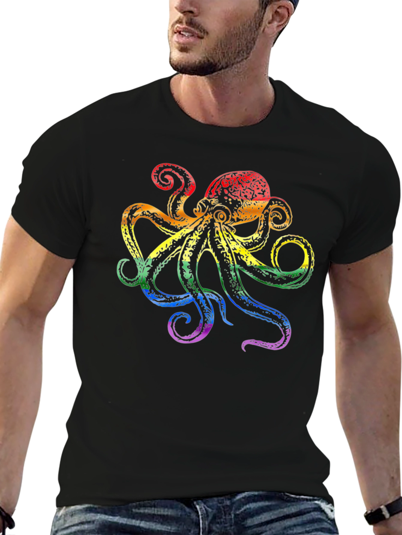 Rainbow Octopus Graphic Tee - Black Cotton T-Shirt