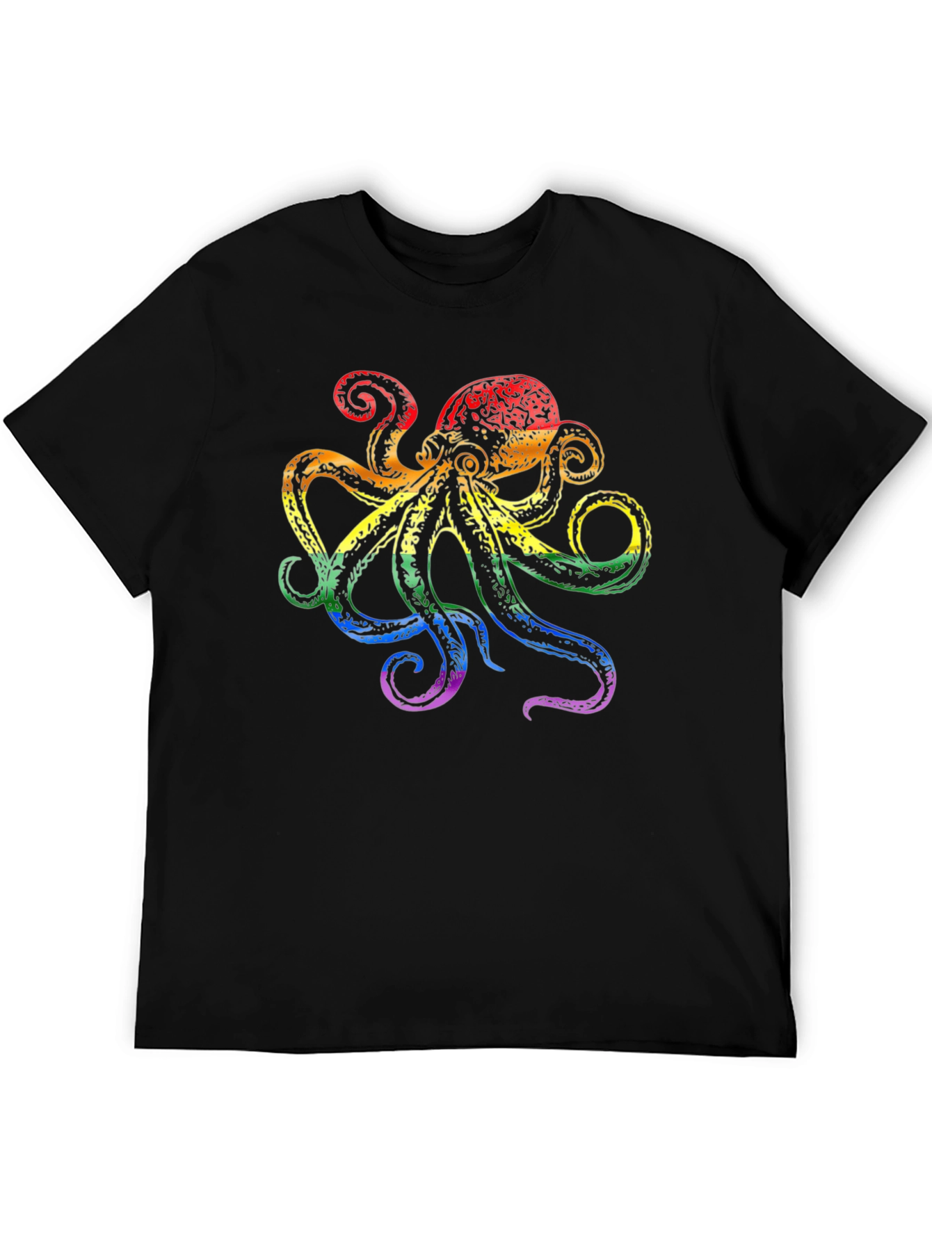 Rainbow Octopus Graphic Tee - Black Cotton T-Shirt