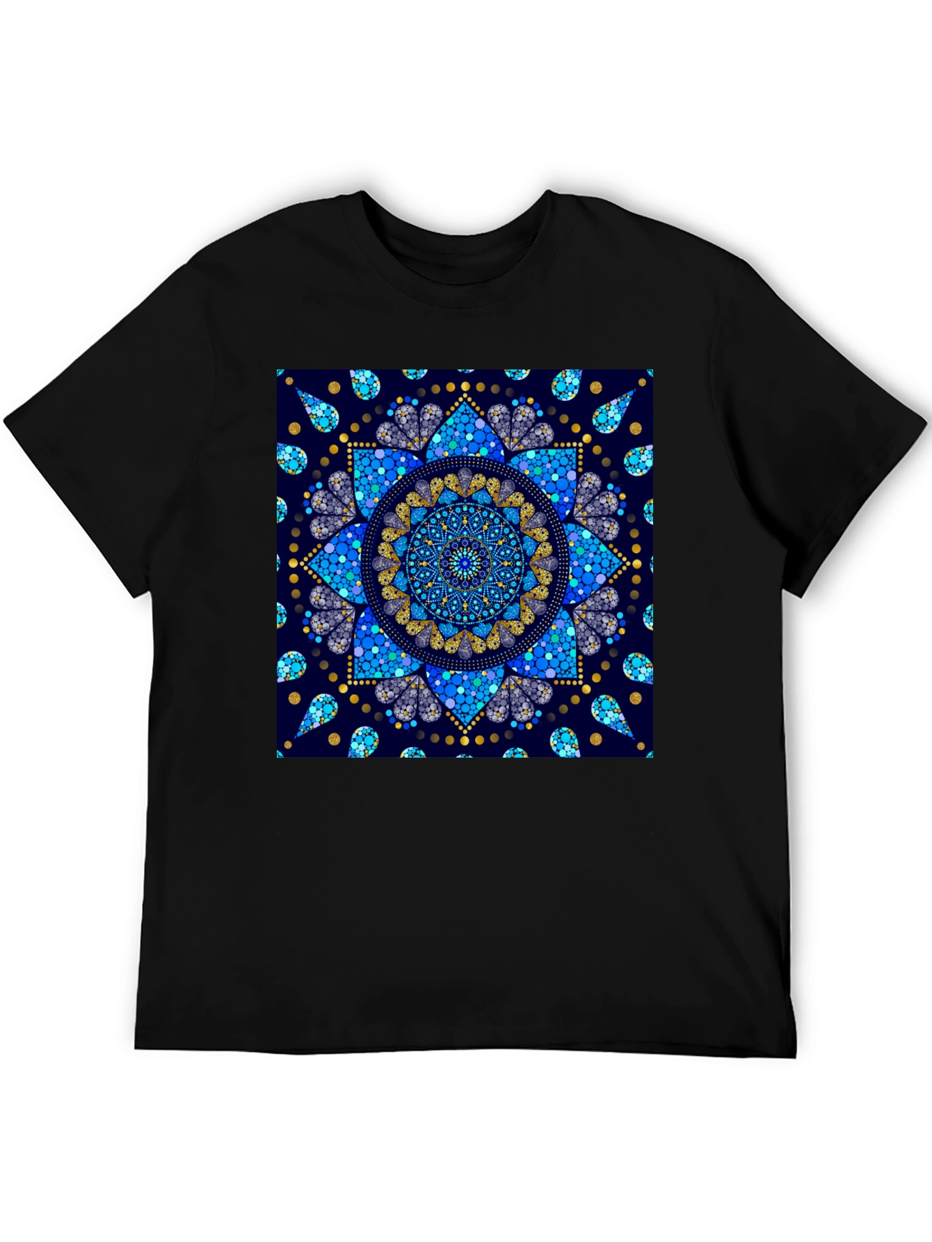 Black T-Shirt with Blue Mandala Print