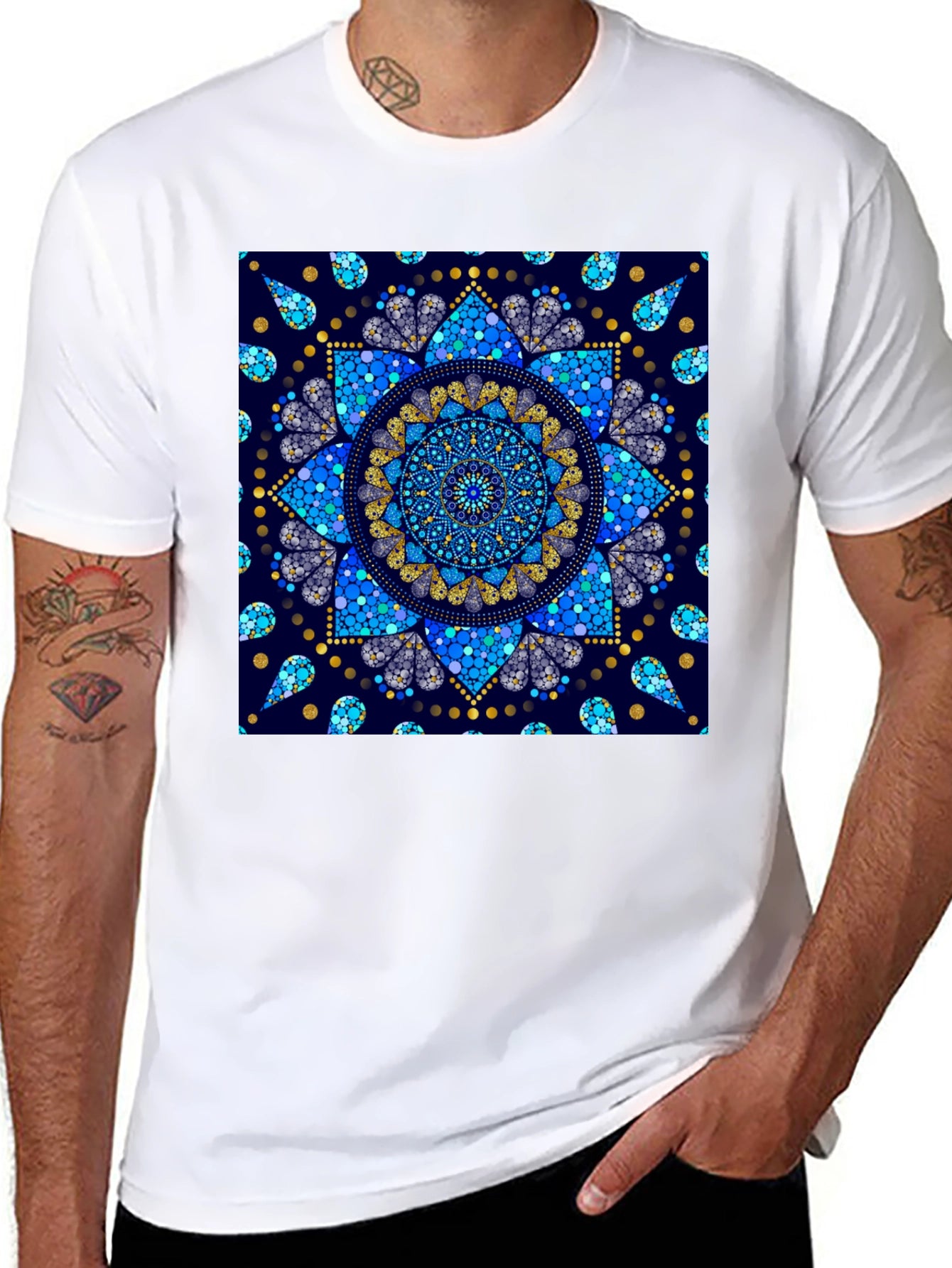 Black T-Shirt with Blue Mandala Print