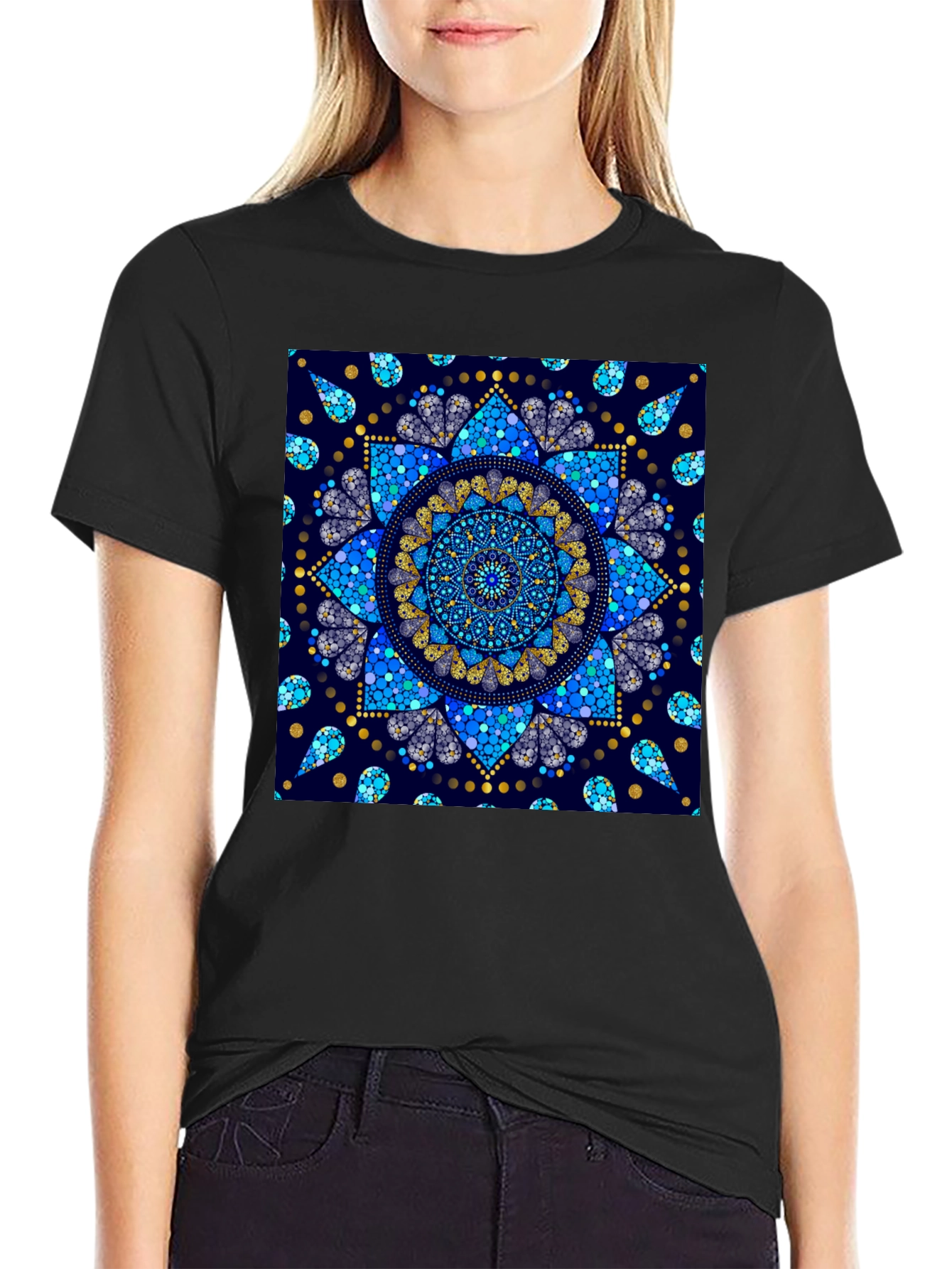 Black T-Shirt with Blue Mandala Print