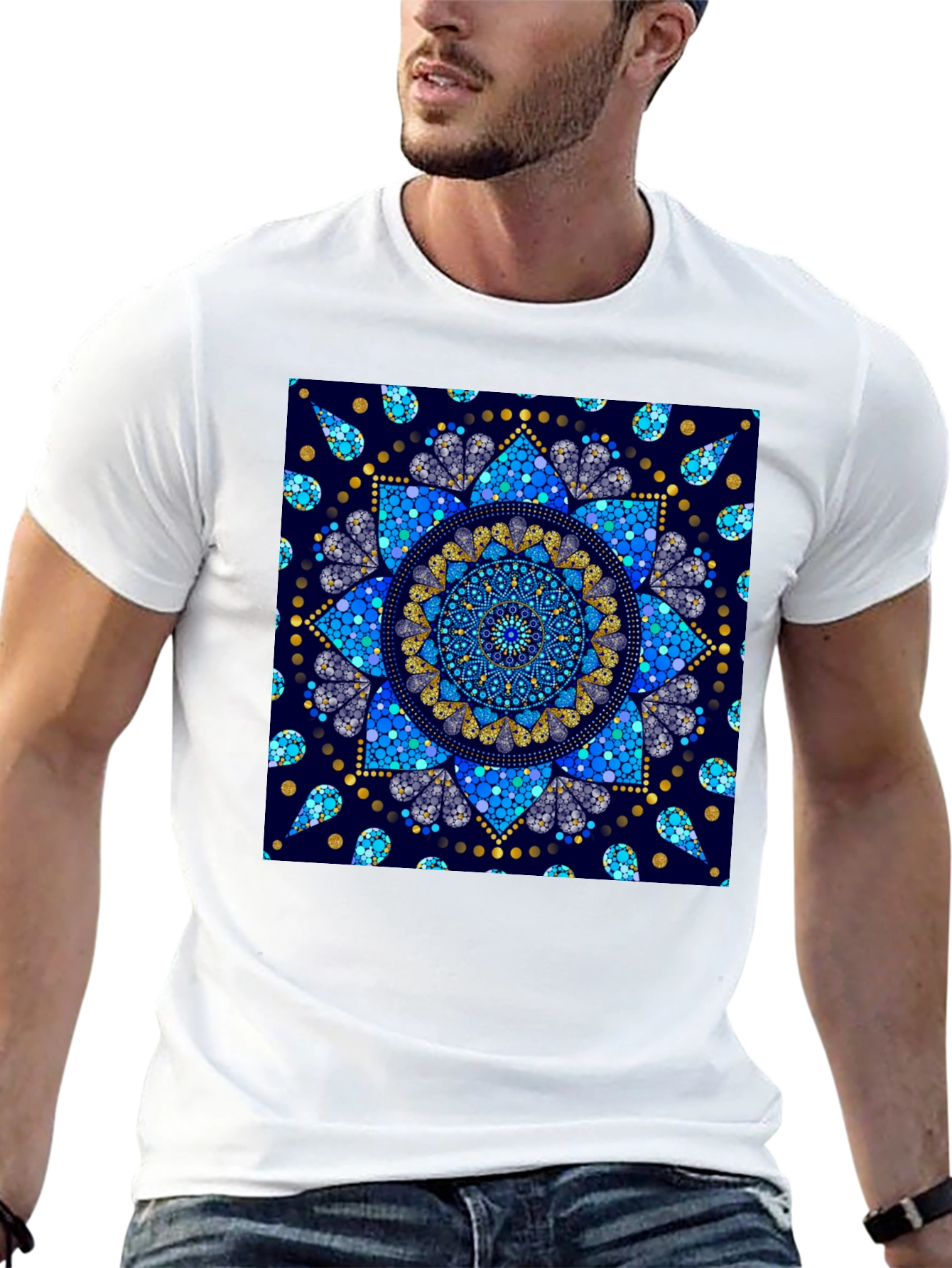 Black T-Shirt with Blue Mandala Print