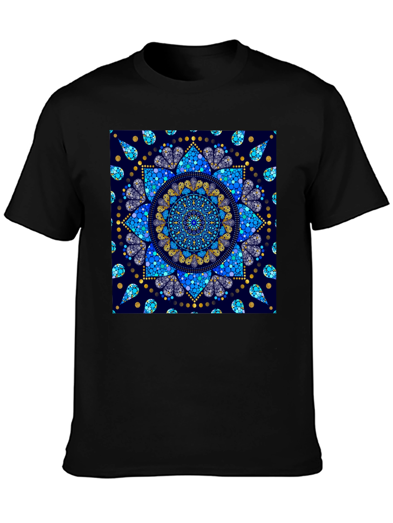 Black T-Shirt with Blue Mandala Print