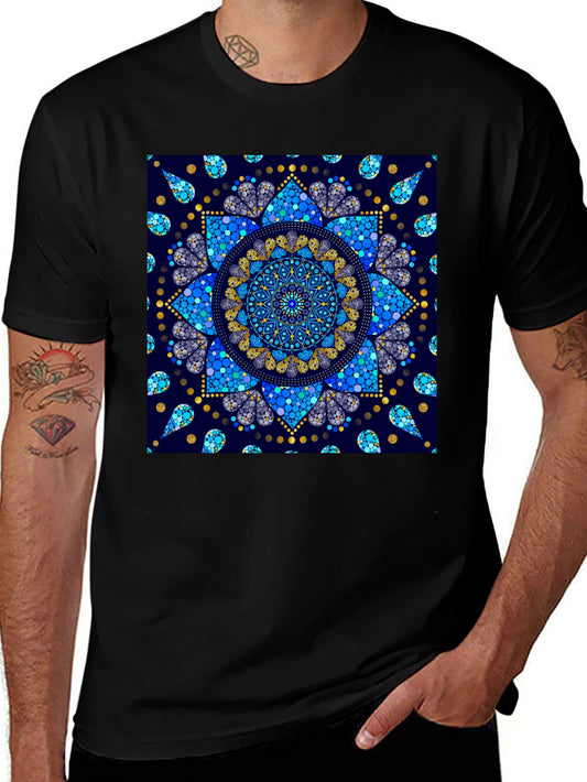 Black T-Shirt with Blue Mandala Print