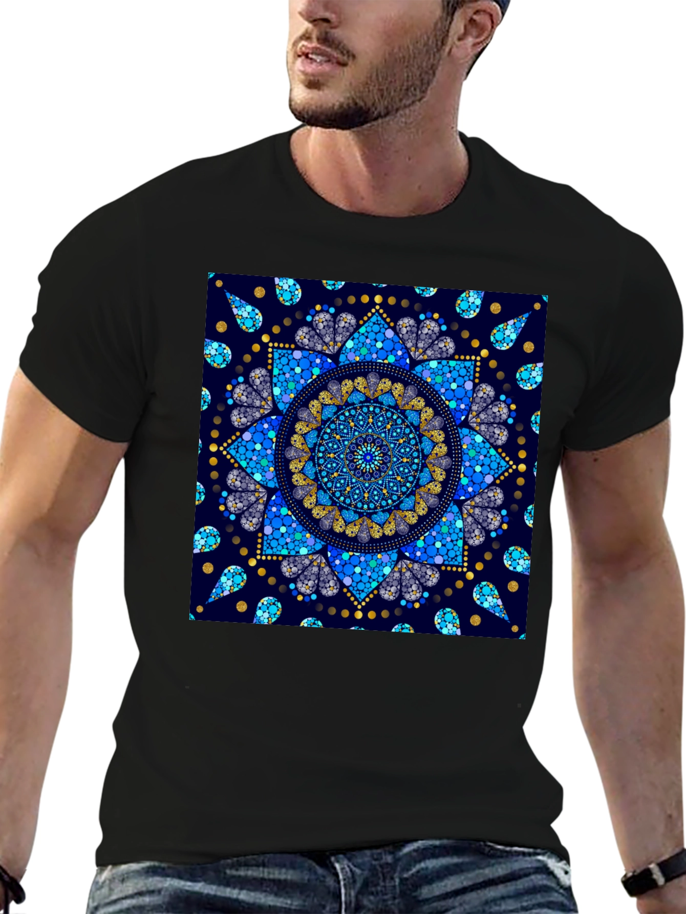 Black T-Shirt with Blue Mandala Print