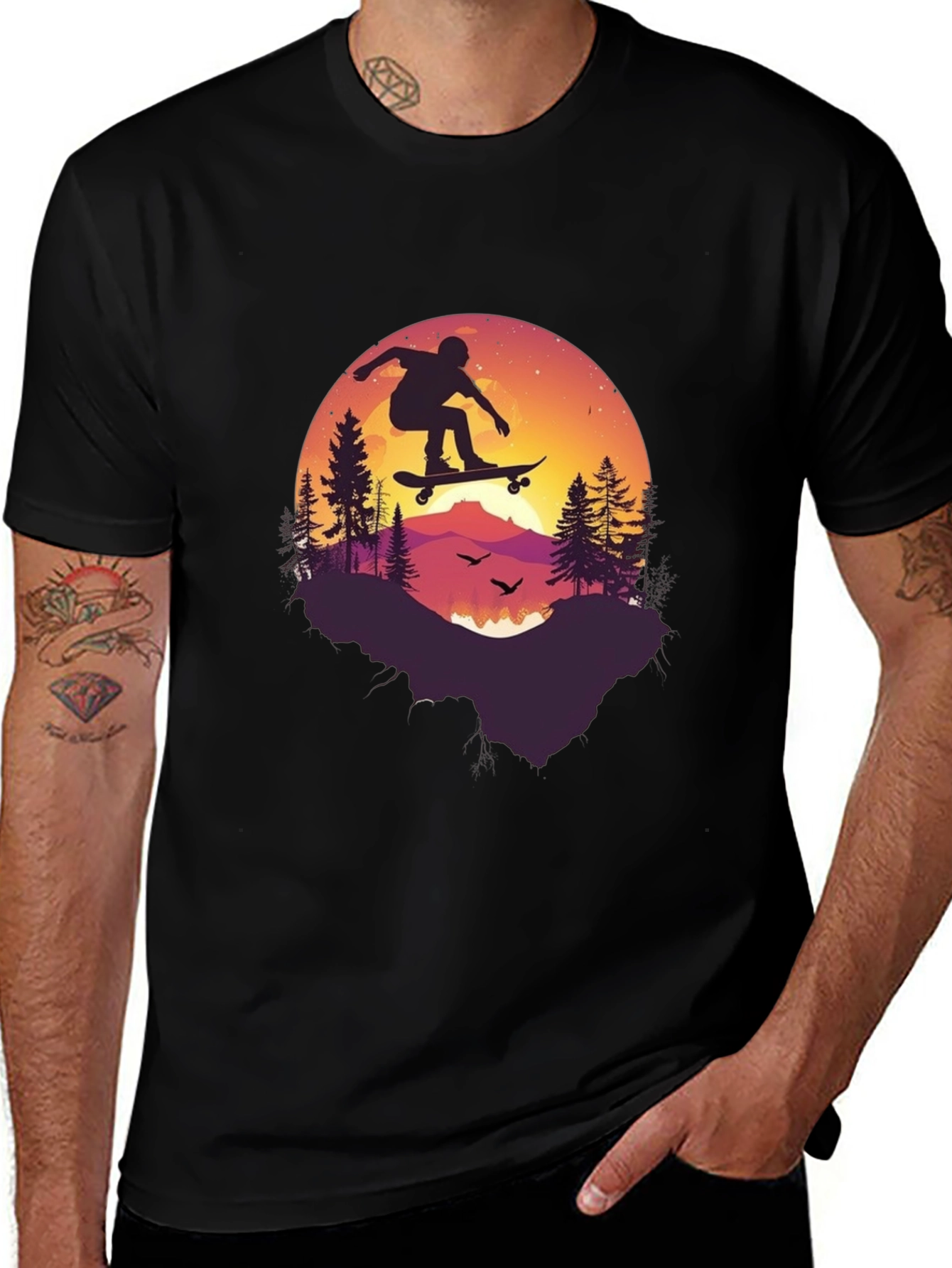 Skateboarding Silhouette Graphic Tee - Black Cotton Blend