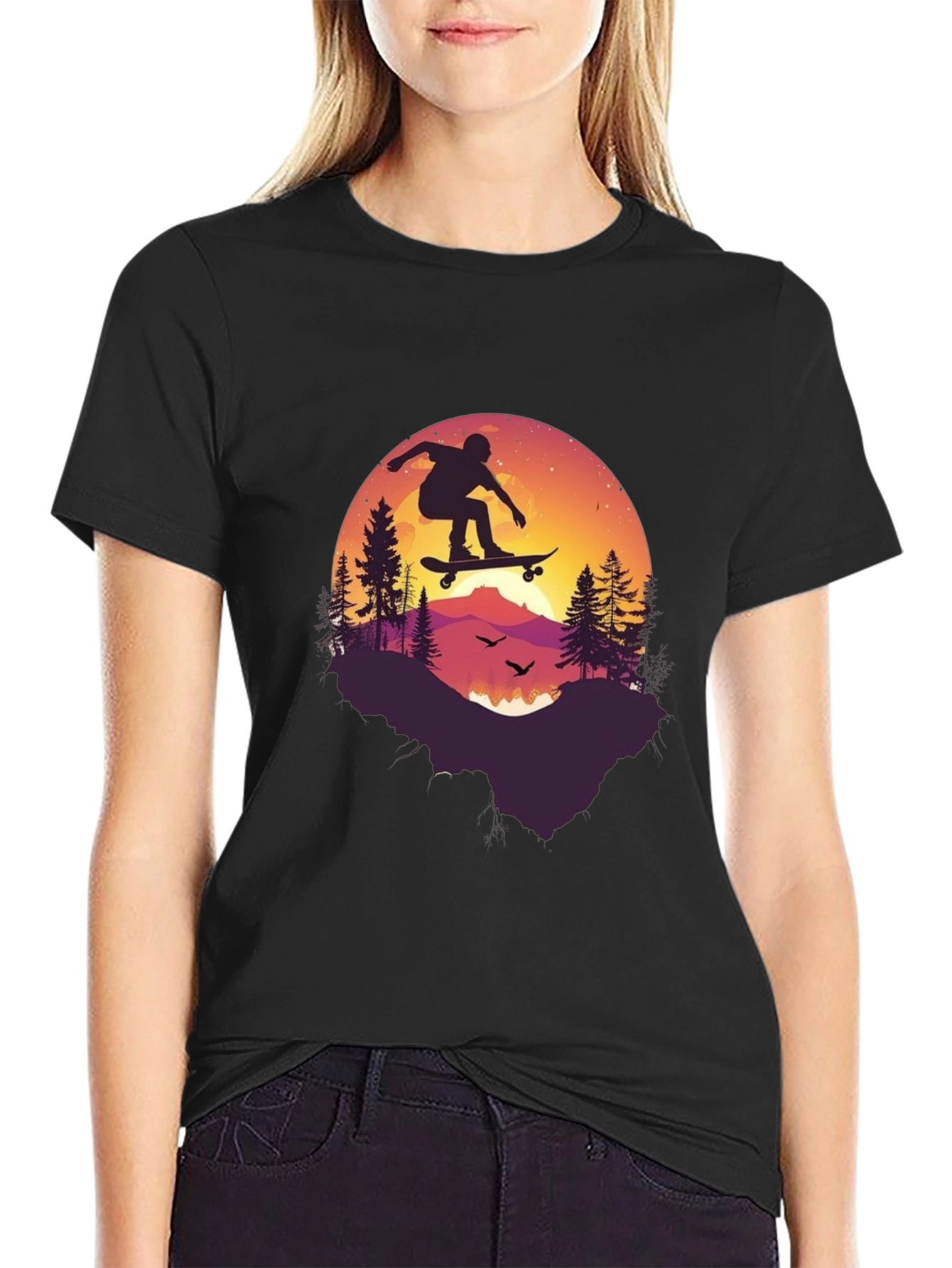 Skateboarding Silhouette Graphic Tee - Black Cotton Blend