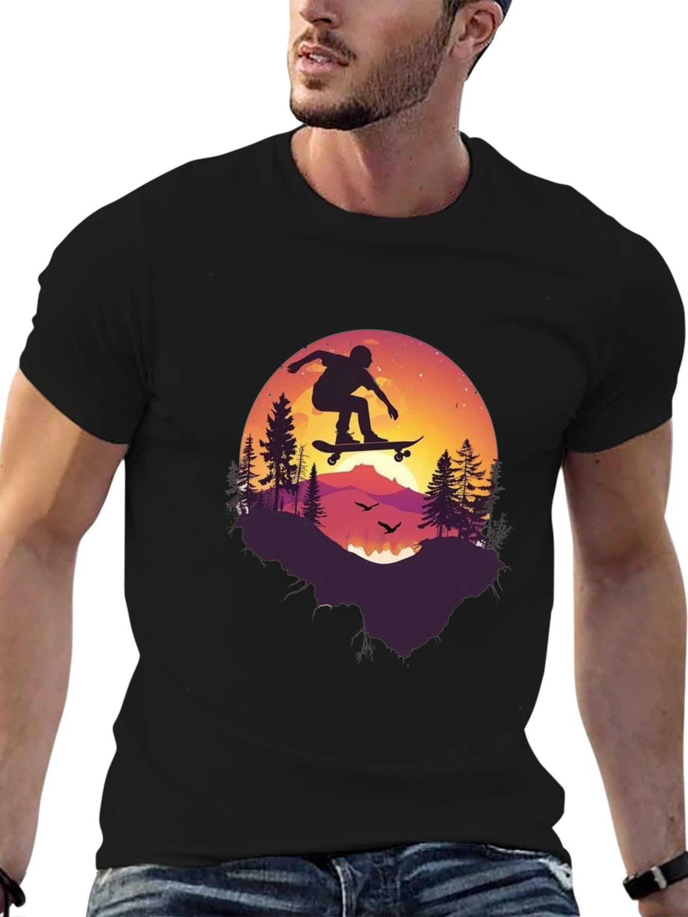 Skateboarding Silhouette Graphic Tee - Black Cotton Blend