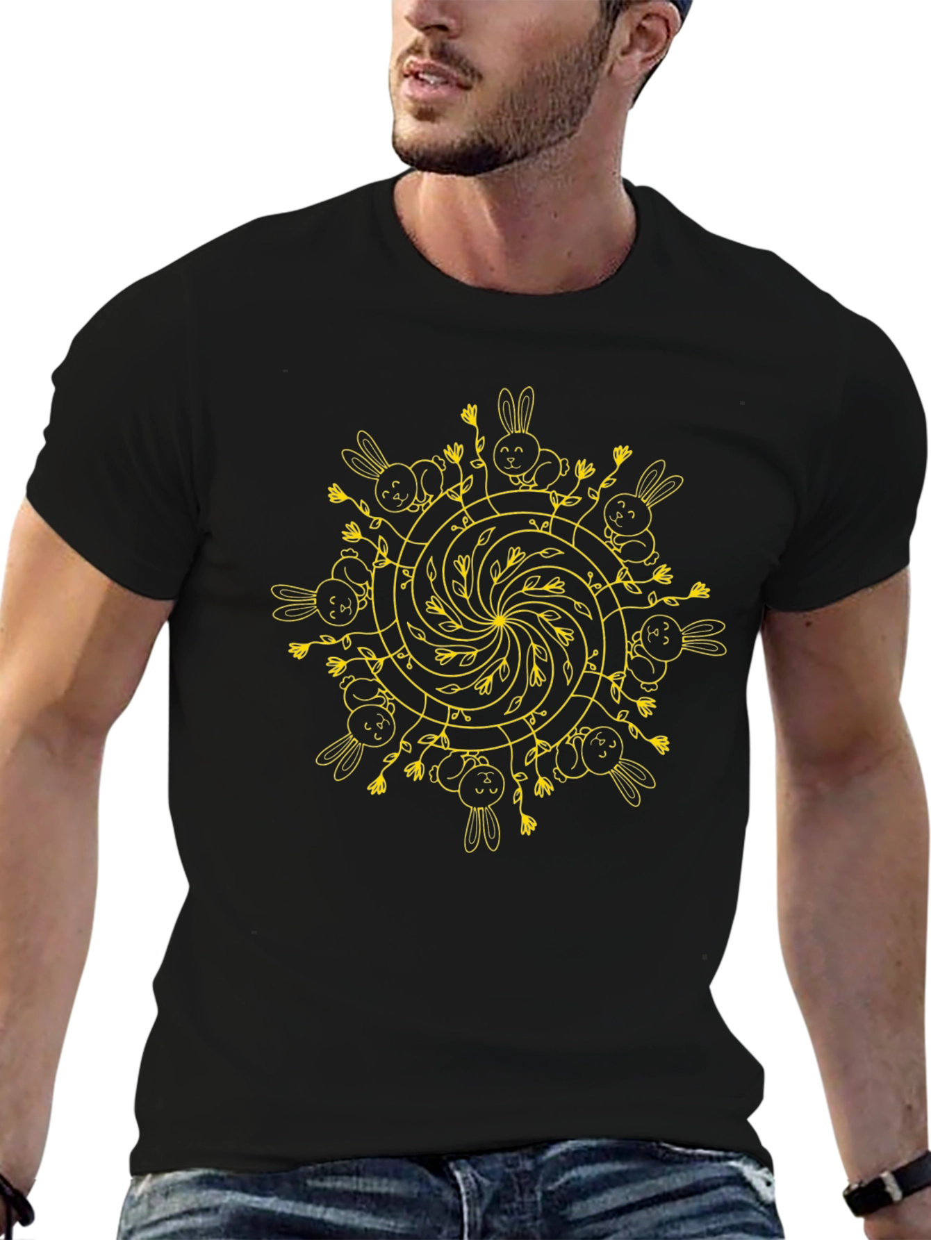 Bunny Mandala Graphic Tee - Unique Mens Black T-Shirt