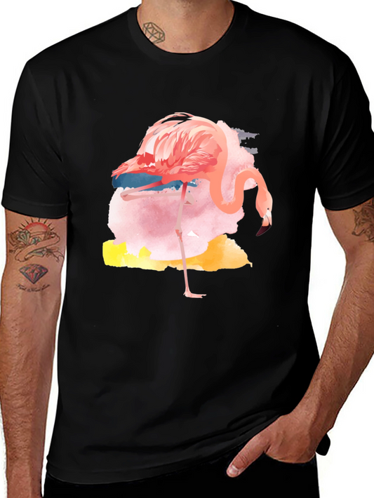 Watercolor Flamingo Graphic Tee - Casual Black T-Shirt