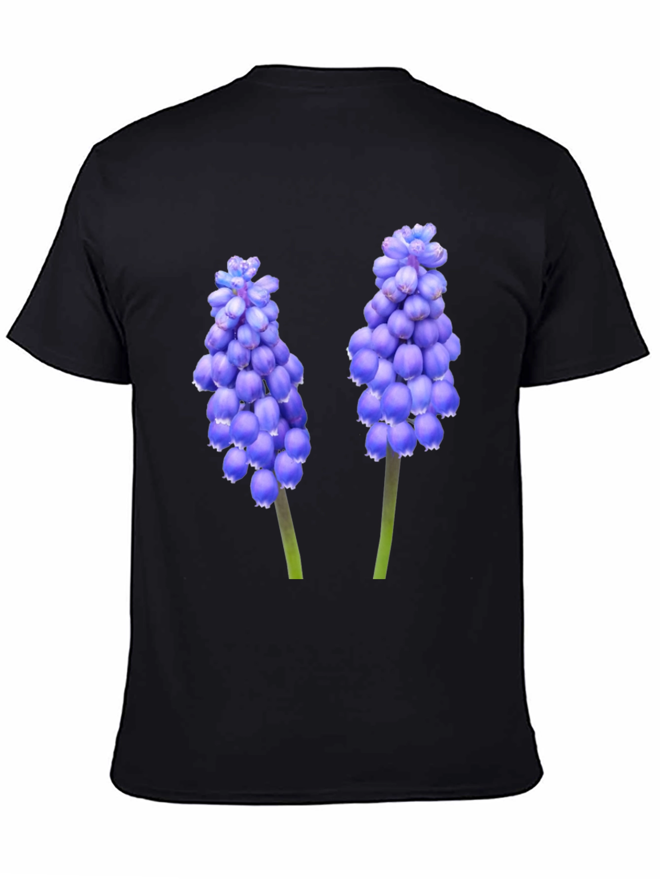 Black T-Shirt with Grape Hyacinth Floral Design