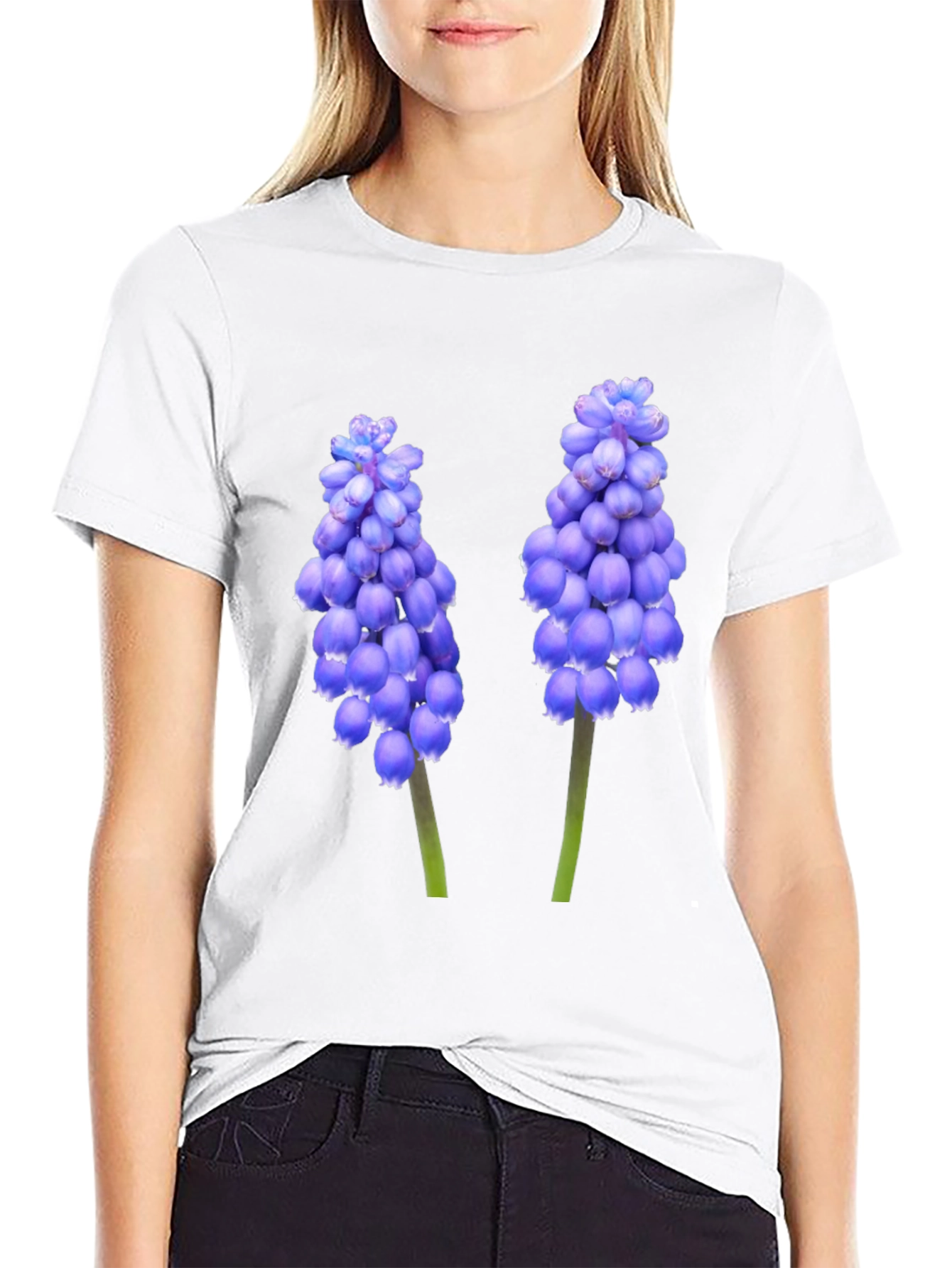 Black T-Shirt with Grape Hyacinth Floral Design