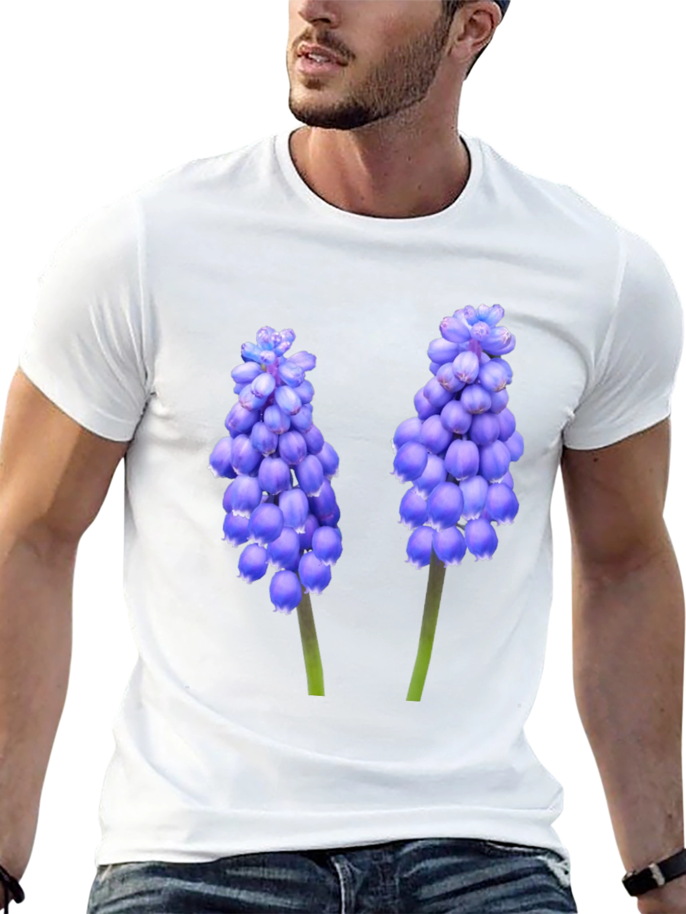 Black T-Shirt with Grape Hyacinth Floral Design
