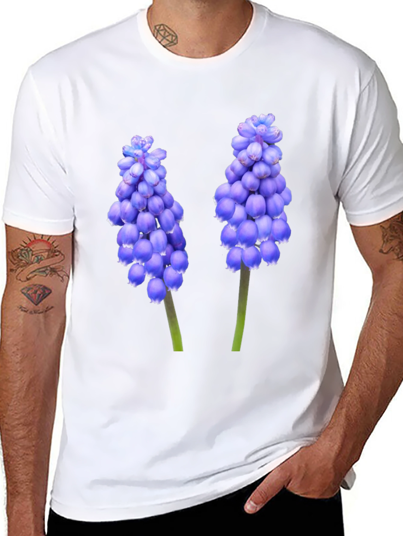 Black T-Shirt with Grape Hyacinth Floral Design