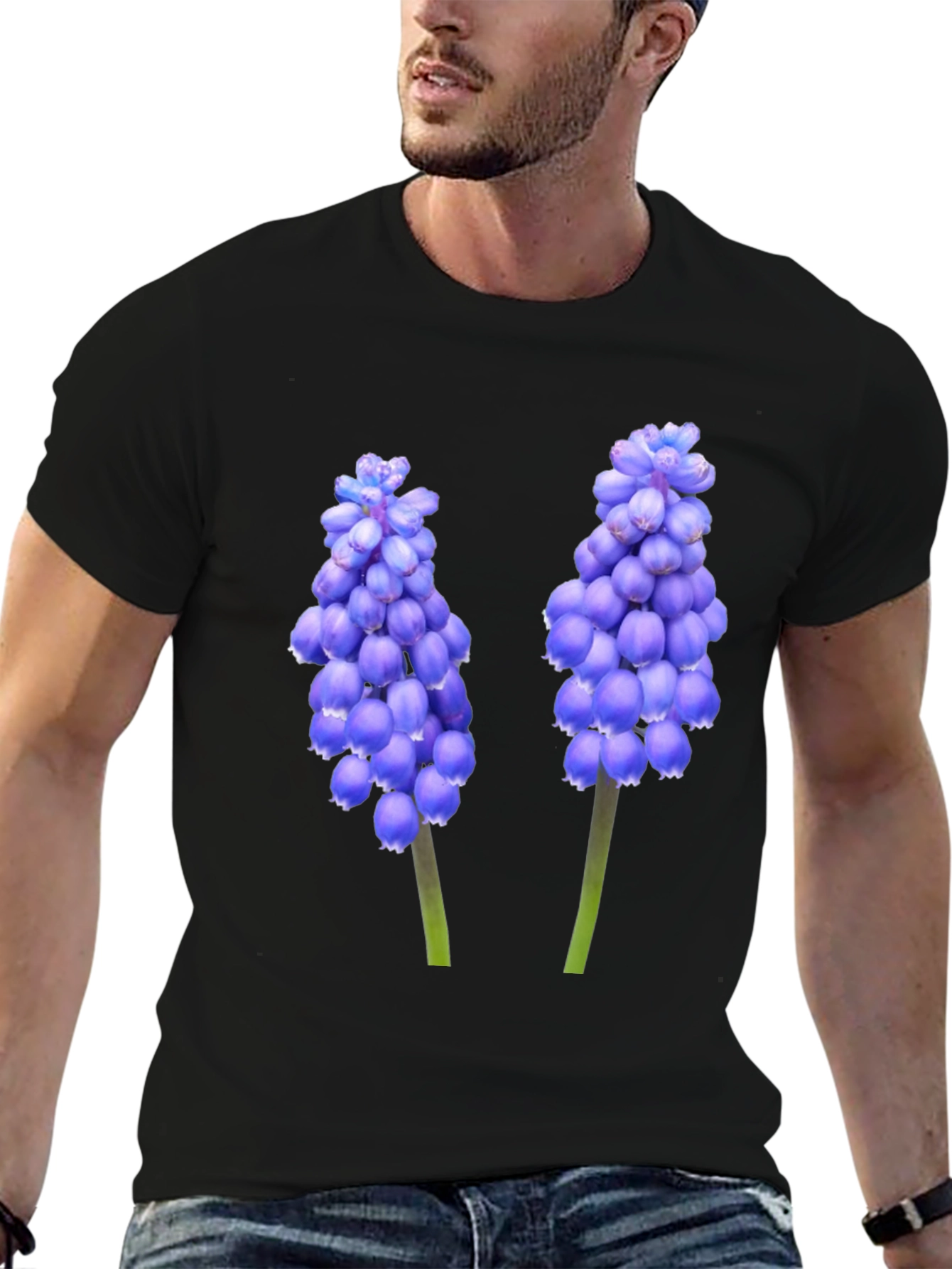Black T-Shirt with Grape Hyacinth Floral Design
