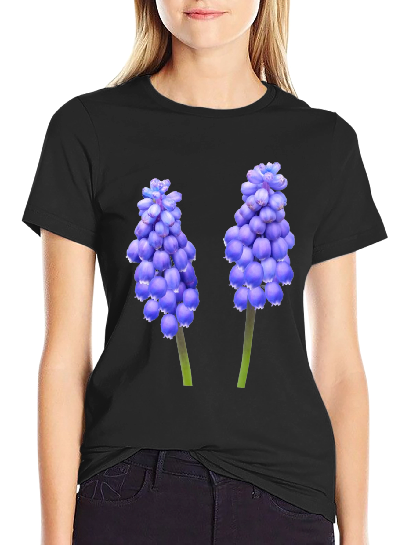 Black T-Shirt with Grape Hyacinth Floral Design