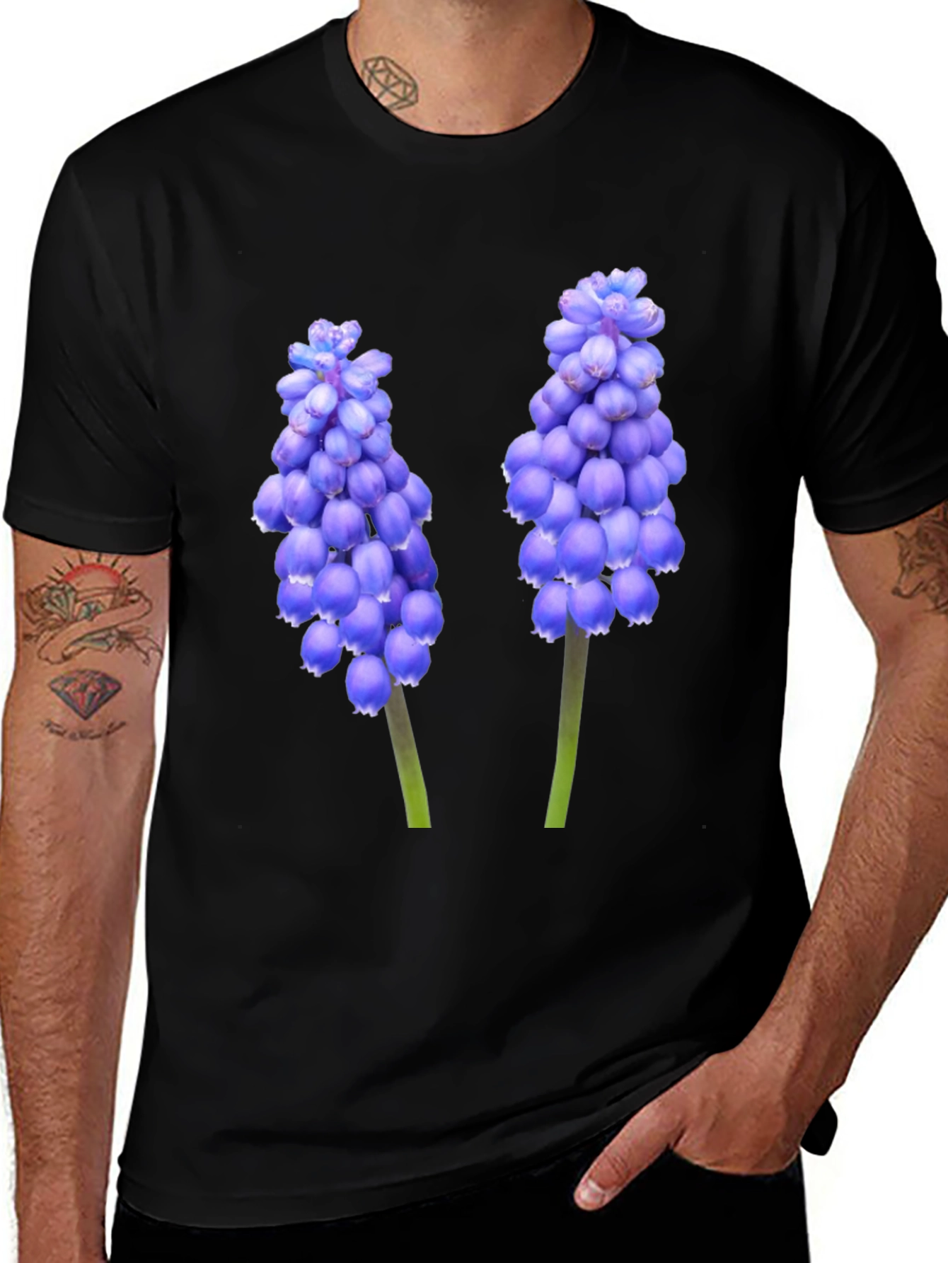 Black T-Shirt with Grape Hyacinth Floral Design