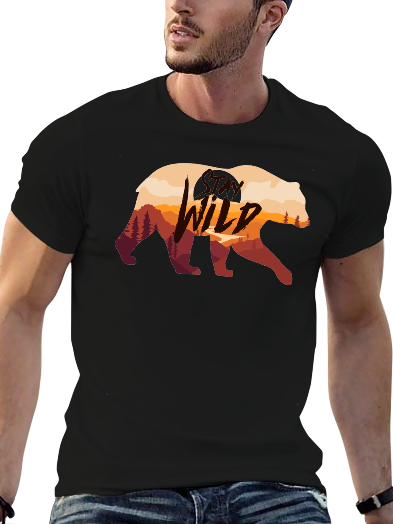 Wild Bear Graphic Print Black T-Shirt