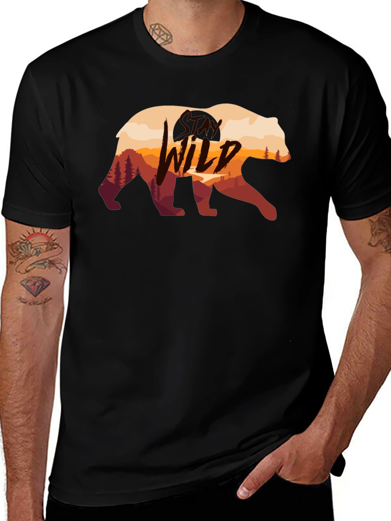 Wild Bear Graphic Print Black T-Shirt