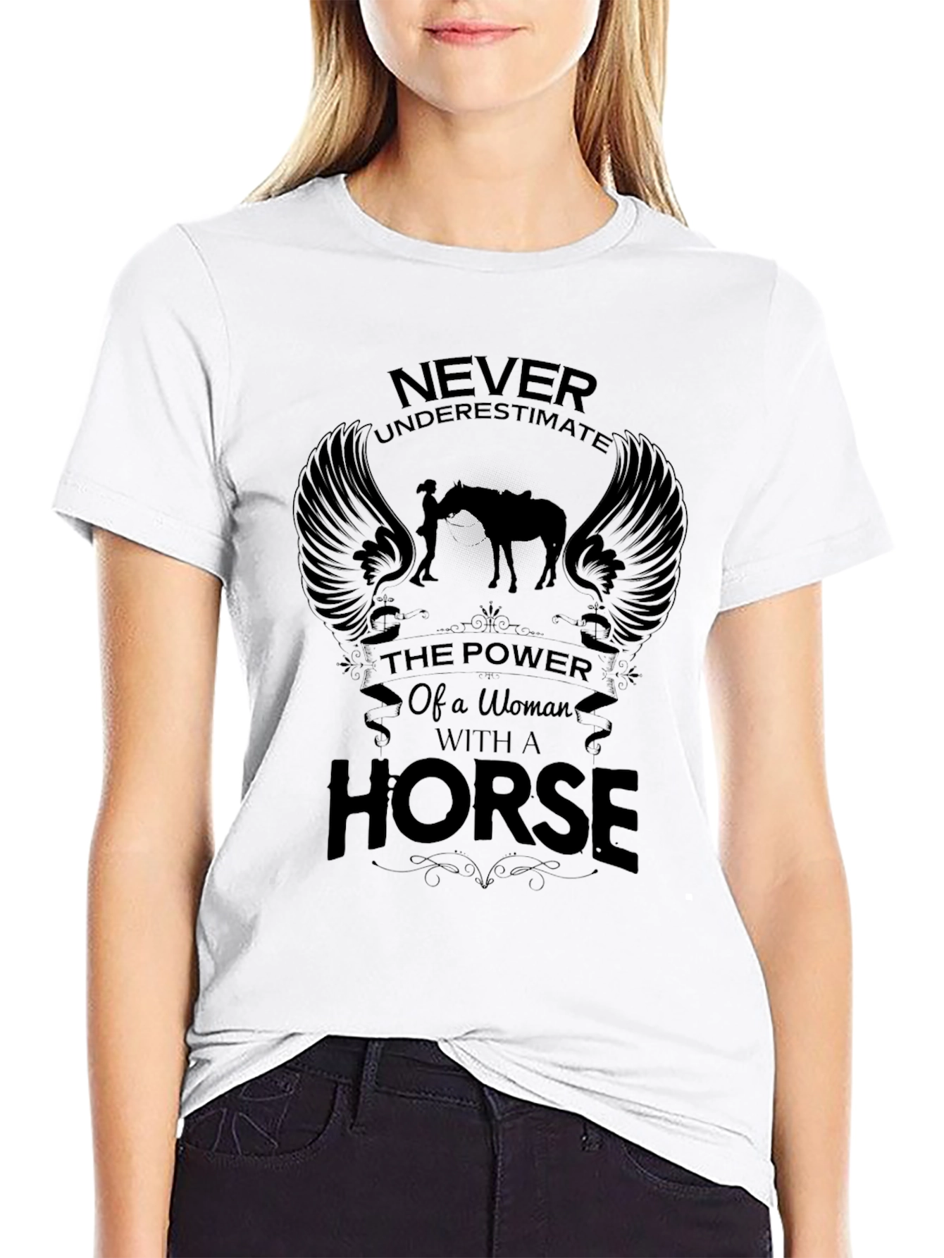 Woman & Horse Graphic Print Black T-Shirt