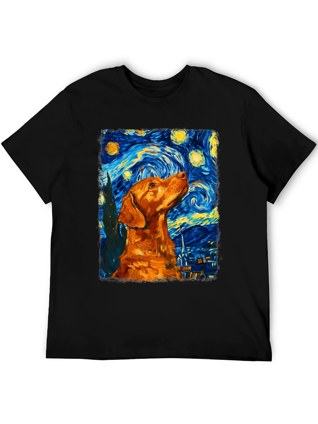 Starry Night Dog Graphic Tee - Artistic Black T-Shirt