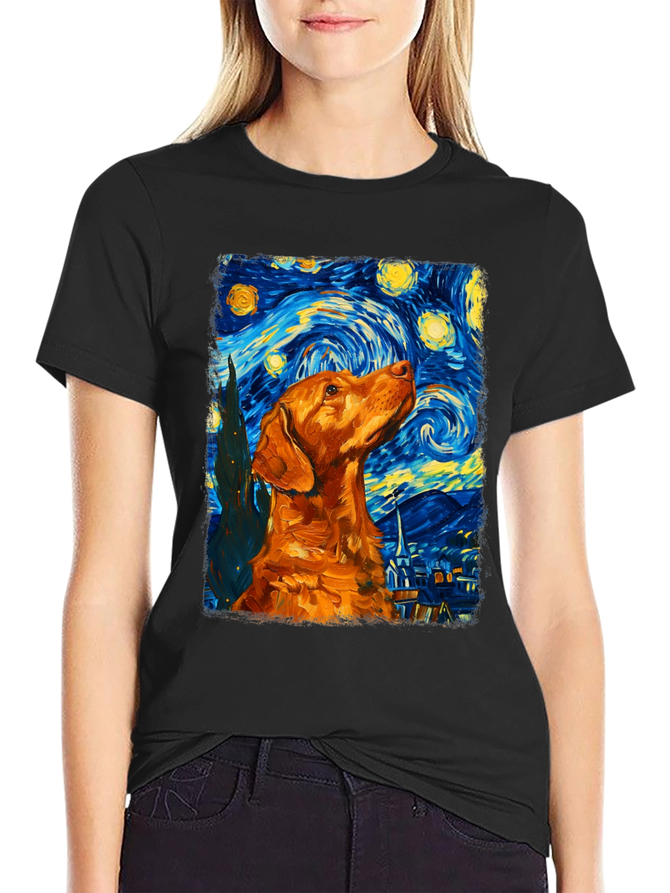 Starry Night Dog Graphic Tee - Artistic Black T-Shirt