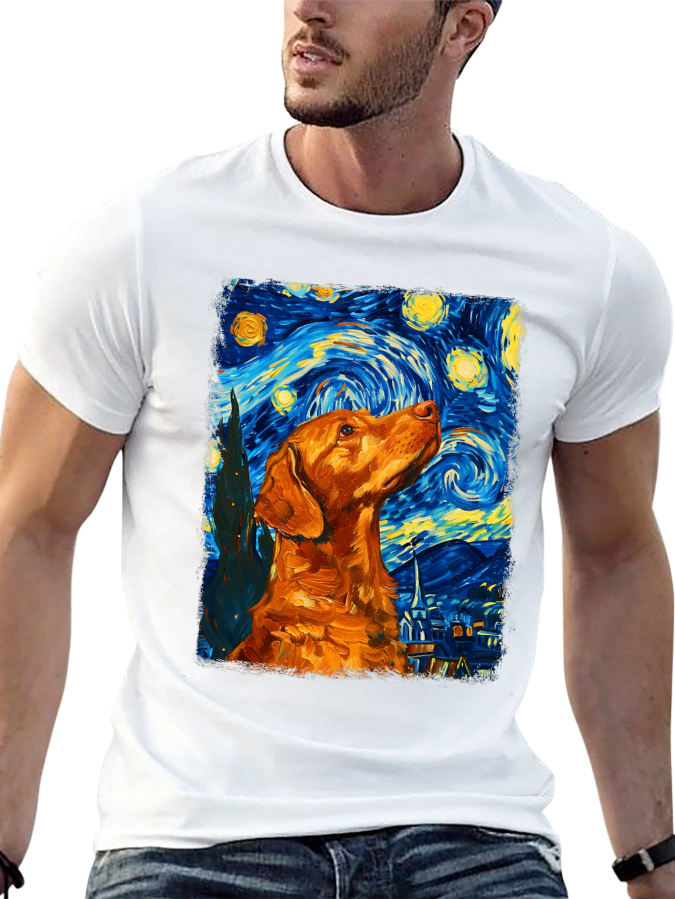 Starry Night Dog Graphic Tee - Artistic Black T-Shirt