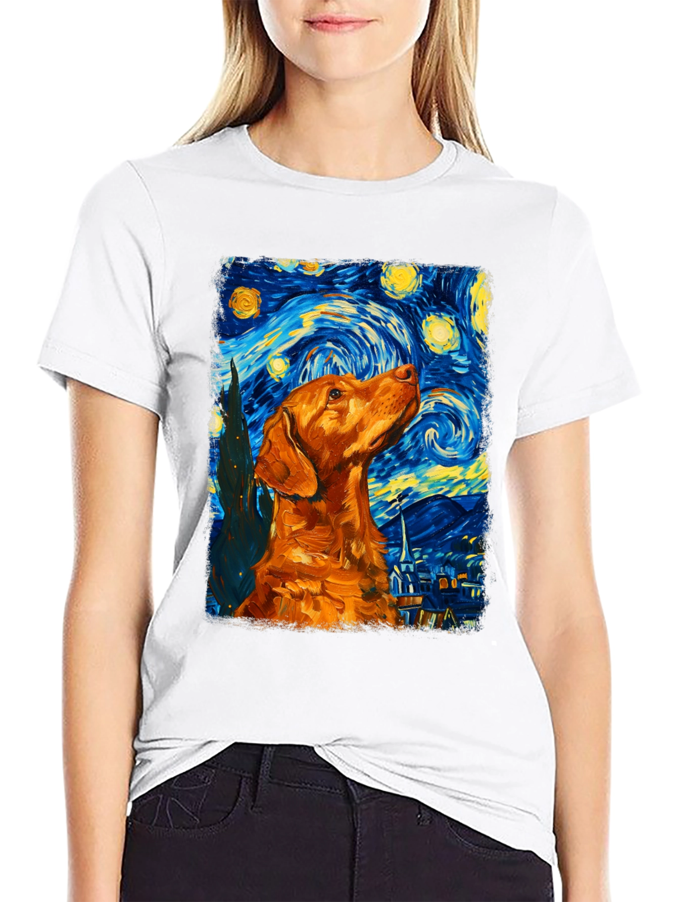 Starry Night Dog Graphic Tee - Artistic Black T-Shirt