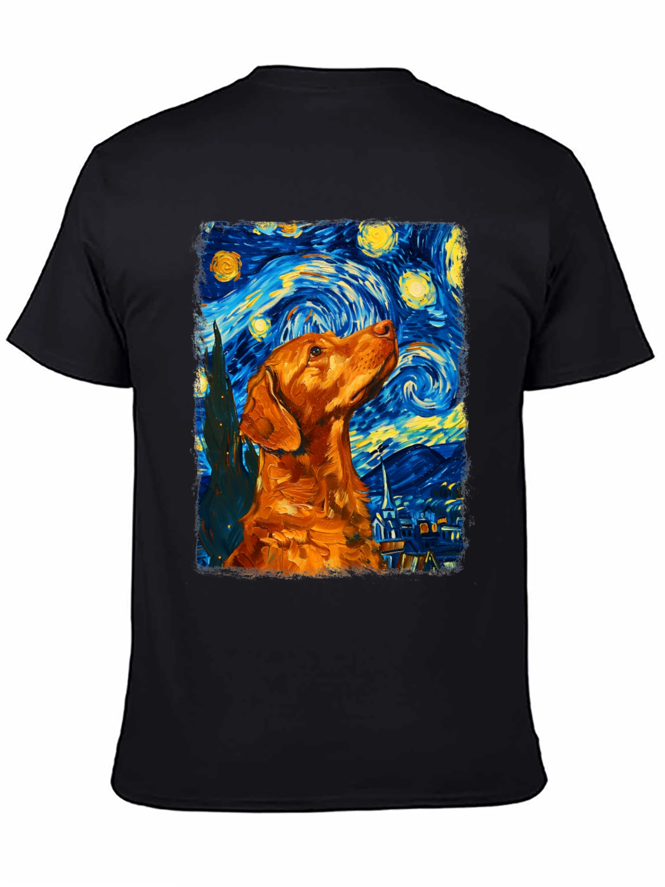 Starry Night Dog Graphic Tee - Artistic Black T-Shirt